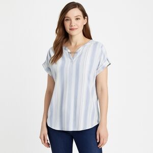 🎉Cure Blue Striped short-sleeve blouse with V-neck and grommet detail Plus 2X